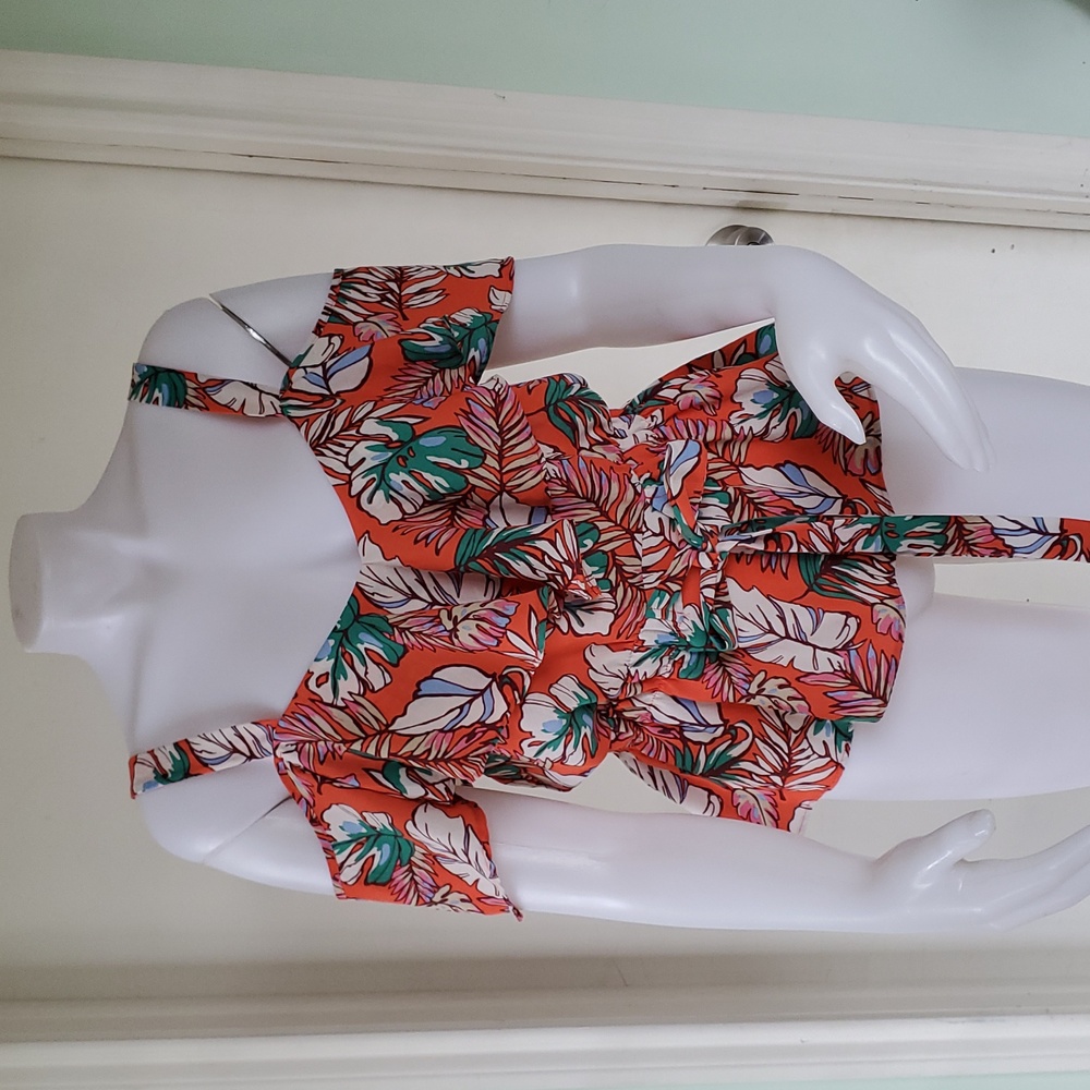 Sweet Rain Young Off Shoulder Colorful Coral Tropical Palm Print Blouse Sz.S